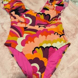 Trina Turk Fan Faire Ruffle Plunge One Piece Swimsuit NWT
